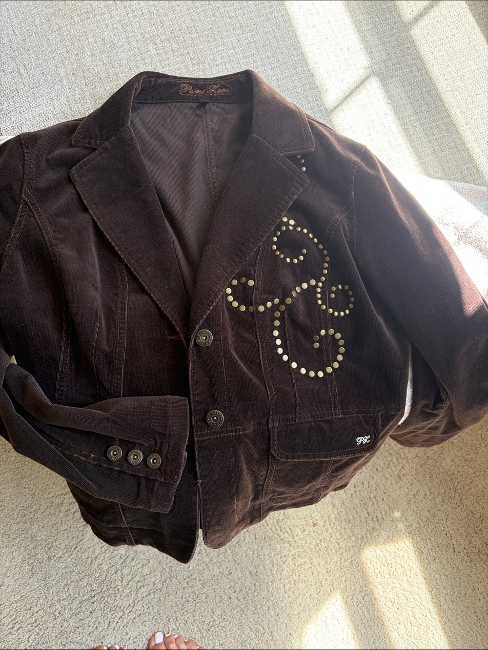 Point Zero Dark Brown Velvet Blazer with Gold Stud Accents